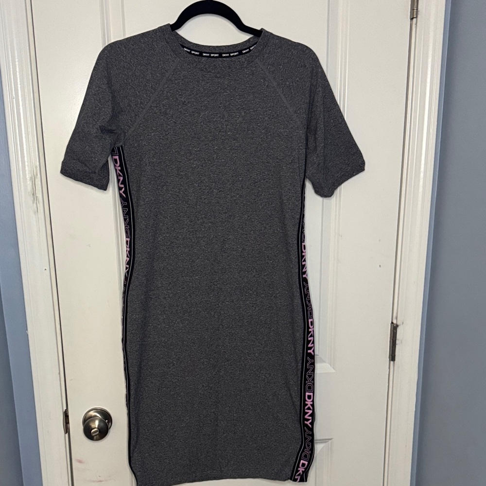 DKNY Charcoal Gray Midi Dress with Pink Accents